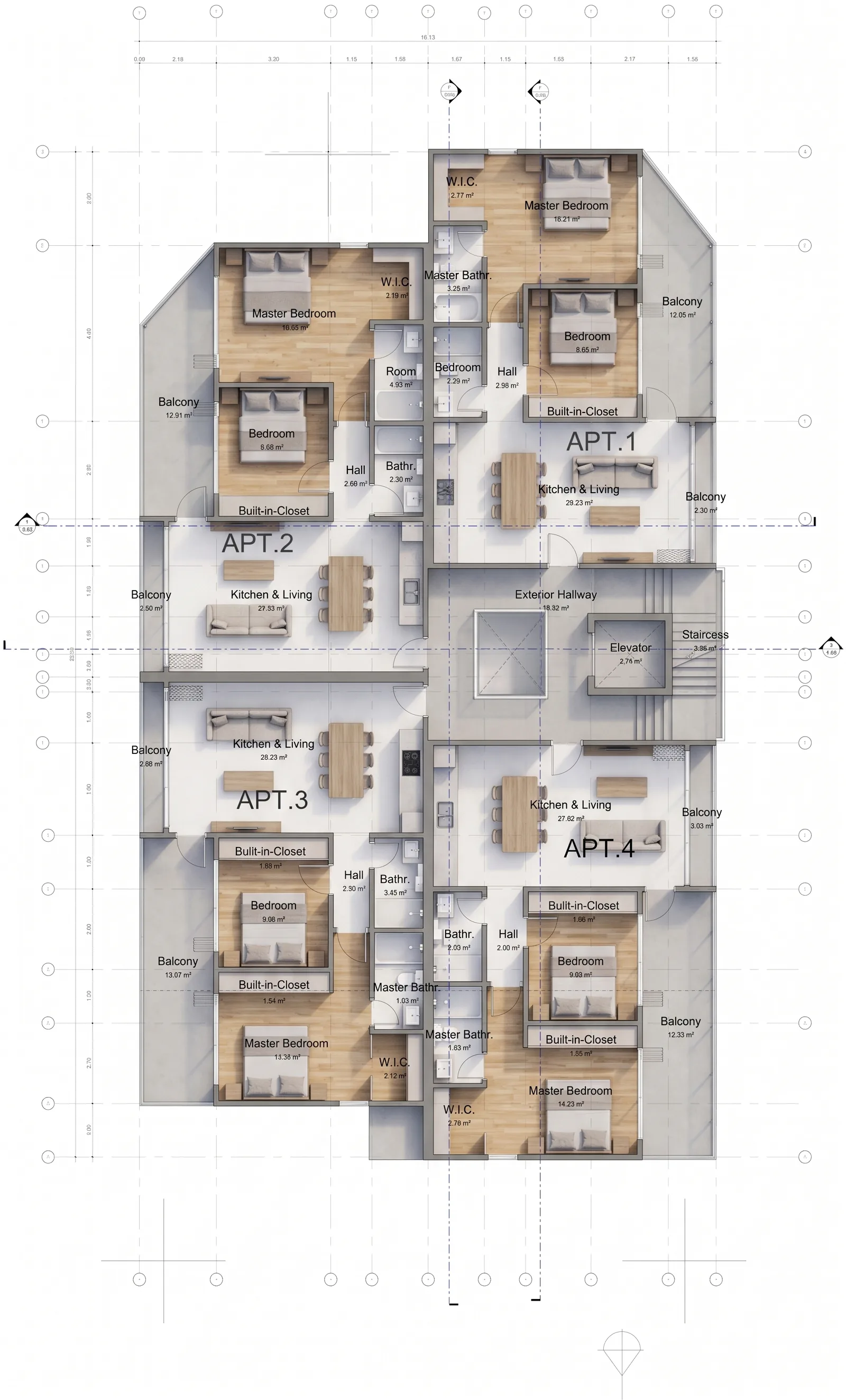 Plano arquitectónico de la 1ª Planta con APT.1 a APT.4