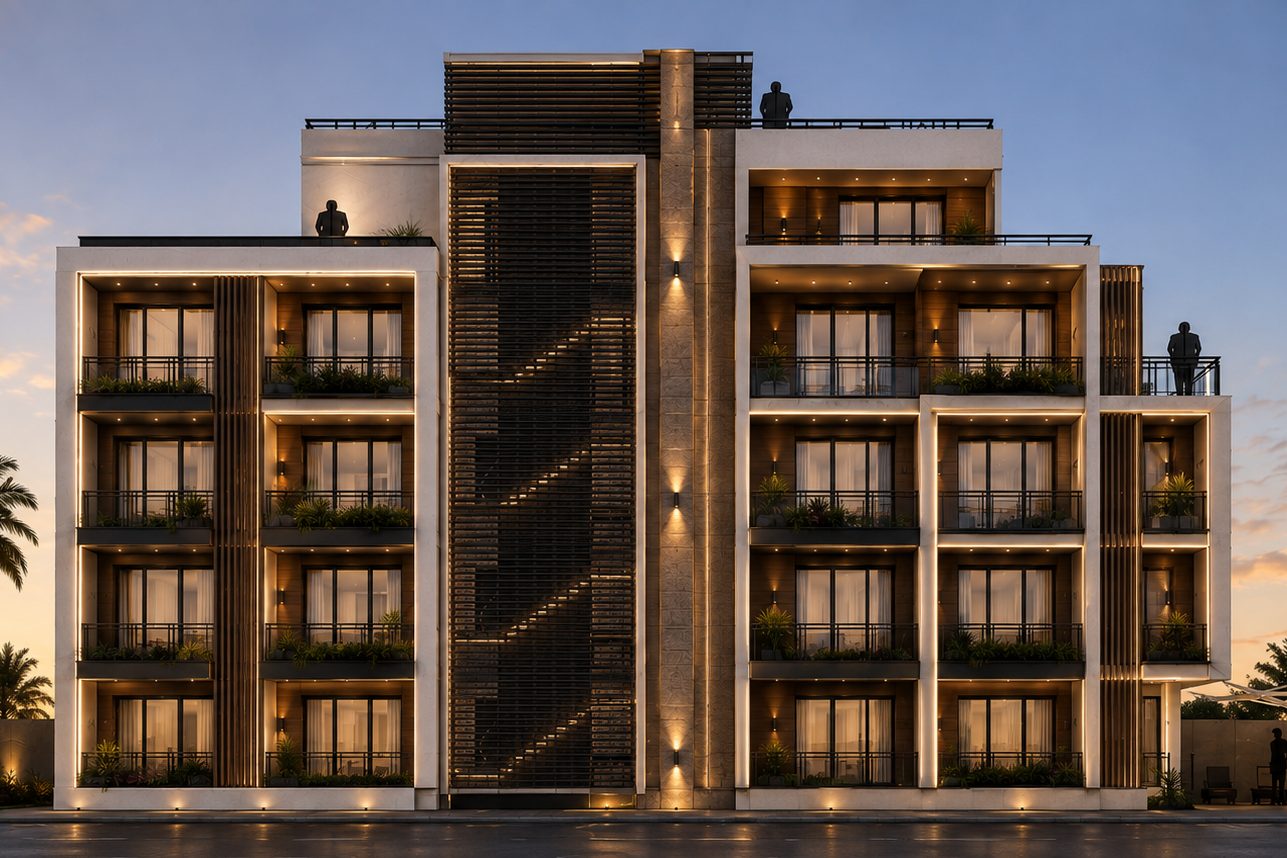 La fachada oeste completa de Casabella Tower al atardecer: volúmenes blancos escalonados y balcones ajardinados iluminados a ambos lados del núcleo de escaleras de madera.
