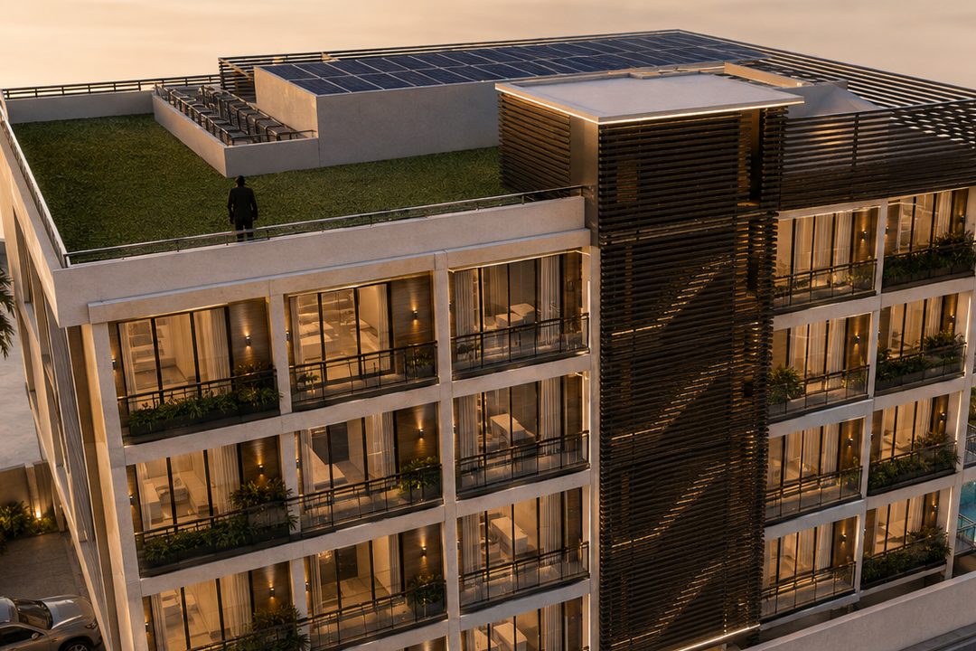 La azotea comunitaria de Casabella Tower vista desde arriba: césped, zonas de estar con sombra y la instalación fotovoltaica que compensa el consumo de las zonas comunes.