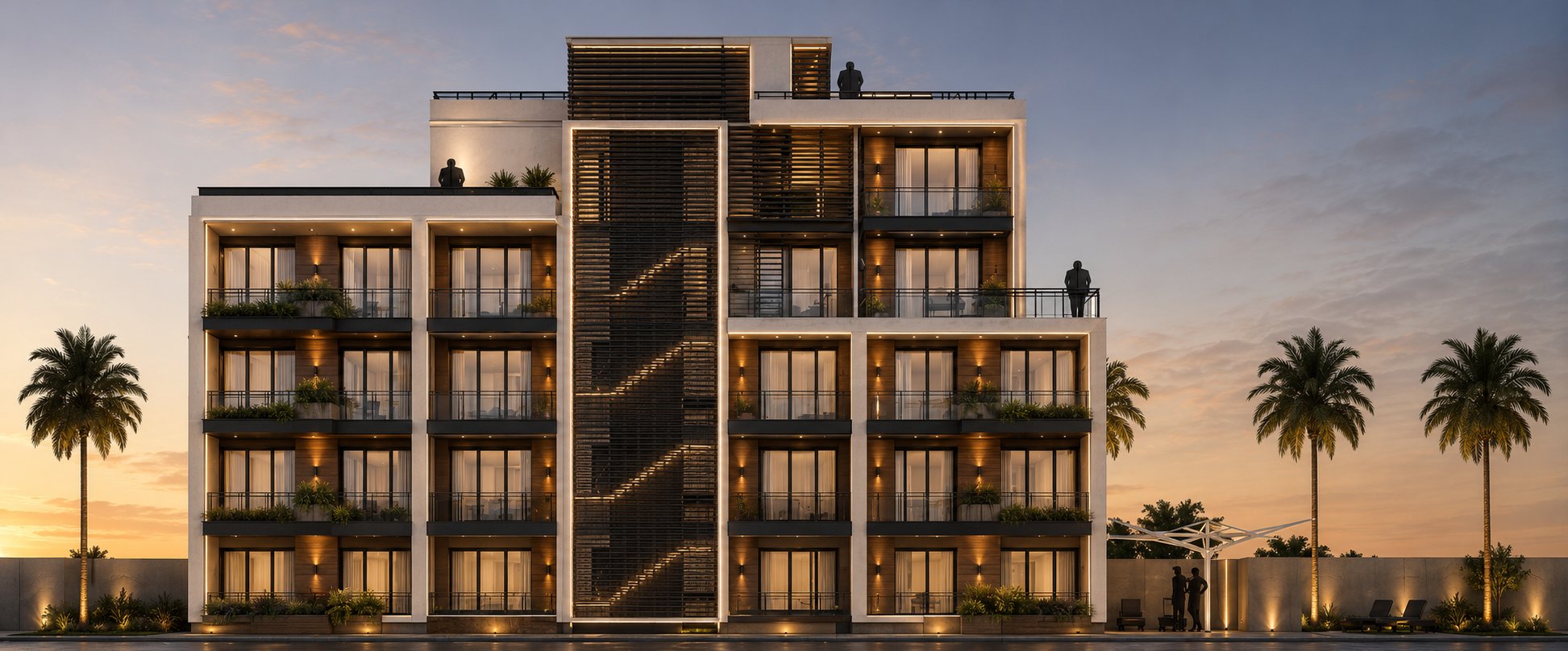Casabella Tower al atardecer: la fachada oeste de cinco plantas iluminada desde el interior, con balcones ajardinados, un núcleo de escaleras con celosía de madera y palmeras sobre un cielo de puesta de sol.