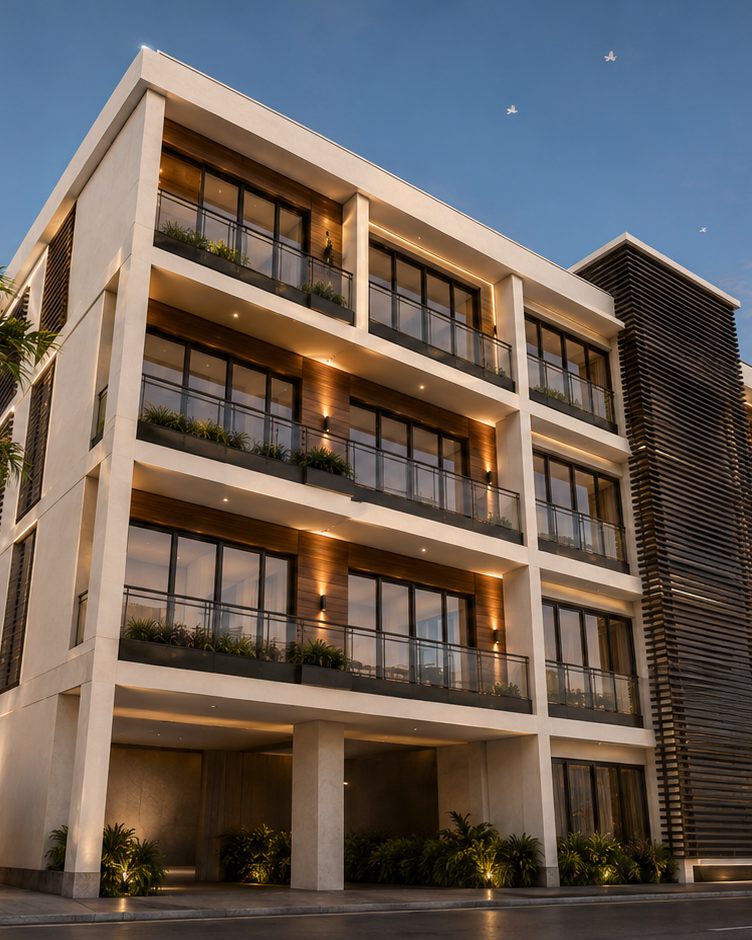La esquina oeste de Casabella Tower al atardecer, vista desde la calle: cuatro niveles de balcones profundos con vegetación sobre una planta baja abierta de acceso, con el núcleo de escaleras de celosía de madera ascendiendo a la derecha.